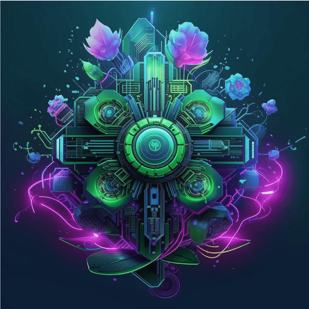 Futuristic, neon-colored geometric design with glowing lines, circuit elements, and futuristic flowers.