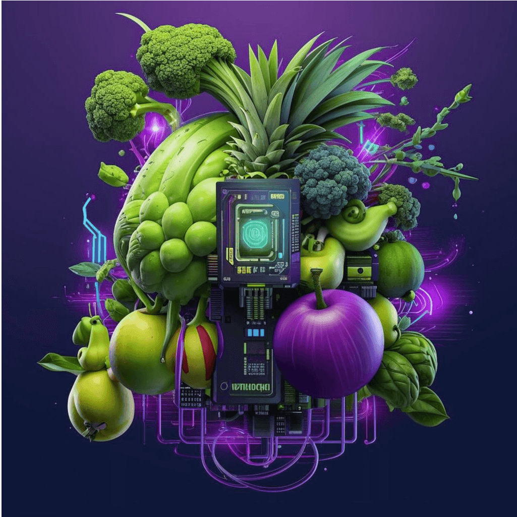 Futuristic tech device with fruits and vegetables against a purple background, featuring glowing neon elements.
