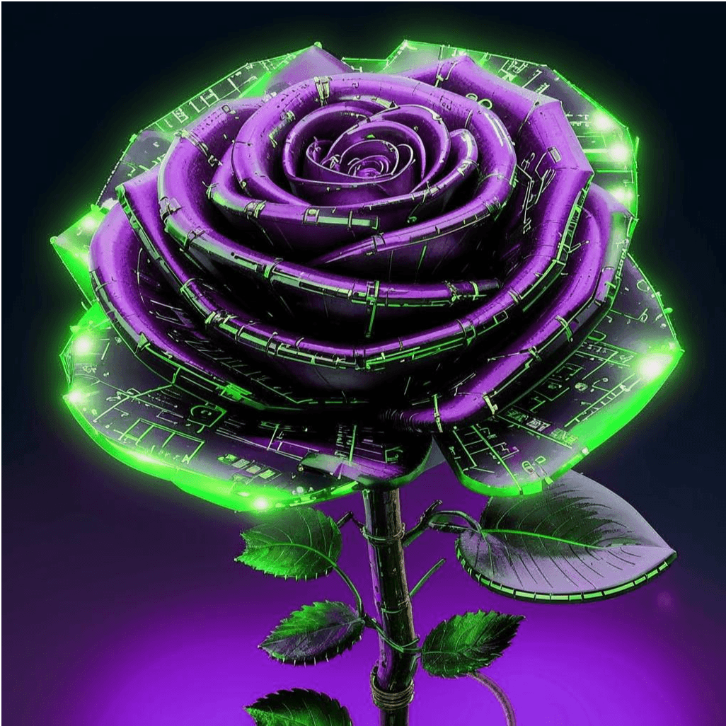 Purple cybernetic rose with neon green circuit patterns on petals, set against a dark background.